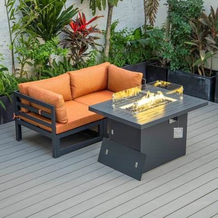 LEISUREMOD Chelsea 3-Piece Sectional Loveseat and Fire Pit Table Set Black Aluminum with Orange Cushions CSFCBL-2OR